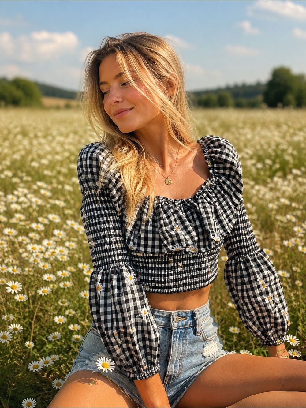 XS - ZARA - Black & White Gingham Puff-Sleeve Crop Top with Daisy embroidered